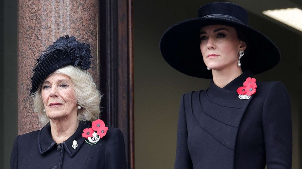 PHOTO: Queen Consort Camilla and Catherine, Princess of Wales attend the National Service Of Remembrance at The Cenotaph on Nov. 13, 2022 in London.