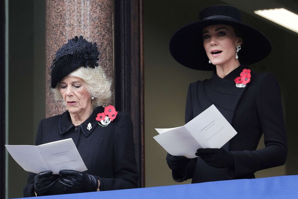 PHOTO: Britain's Queen Consort Camilla and Catherine, Princess of Wales, attend the National Service of Remembrance at The Cenotaph, in London, Nov. 13, 2022.