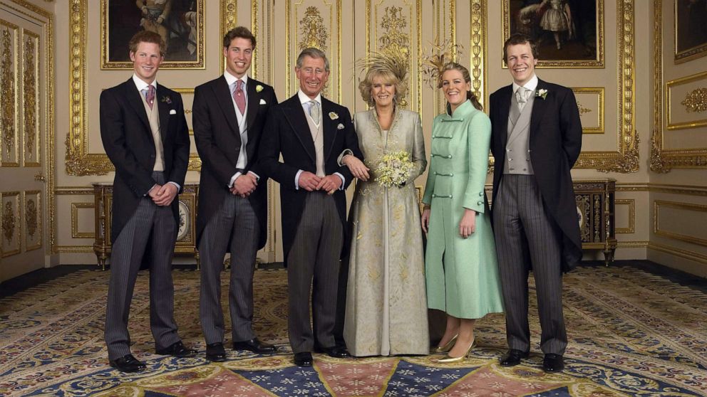 PHOTO: Prince Charles, the Prince of Wales and Camilla, Duchess of Cornwall, stand with their children, from left to right, Prince Harry, Prince William, Tom and Laura Parker-Bowles, in the White Drawing Room at Windsor Castle.