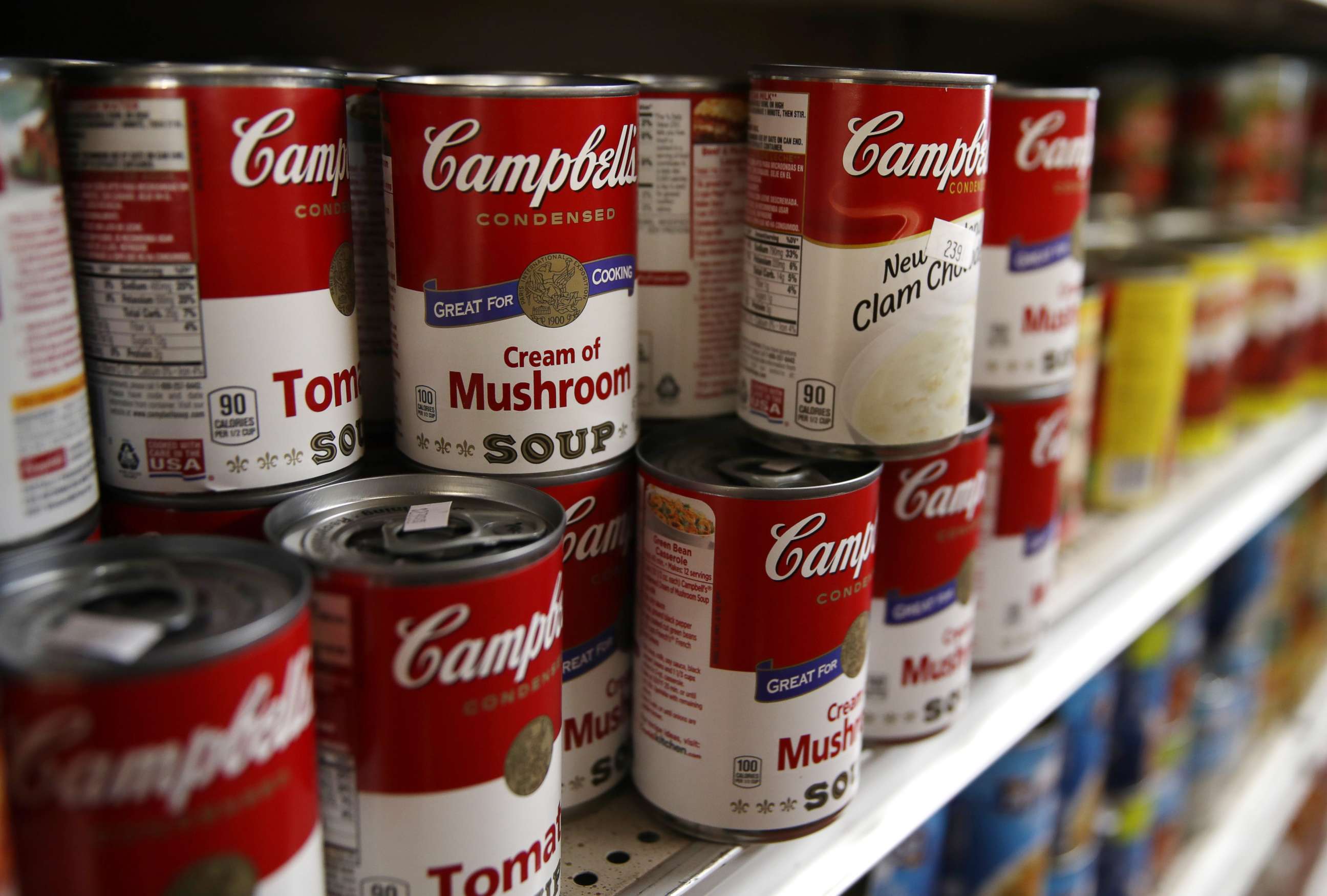 PHOTO: Cans of Campbell's soup are displayed on a shelf at a grocery store on June 5, 2019 in Richmond, Calif.