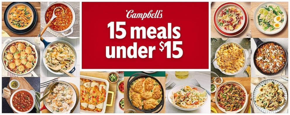 PHOTO: An assortment of plated dishes featured in Campbell’s recipe series of 15 Meals Under $15.