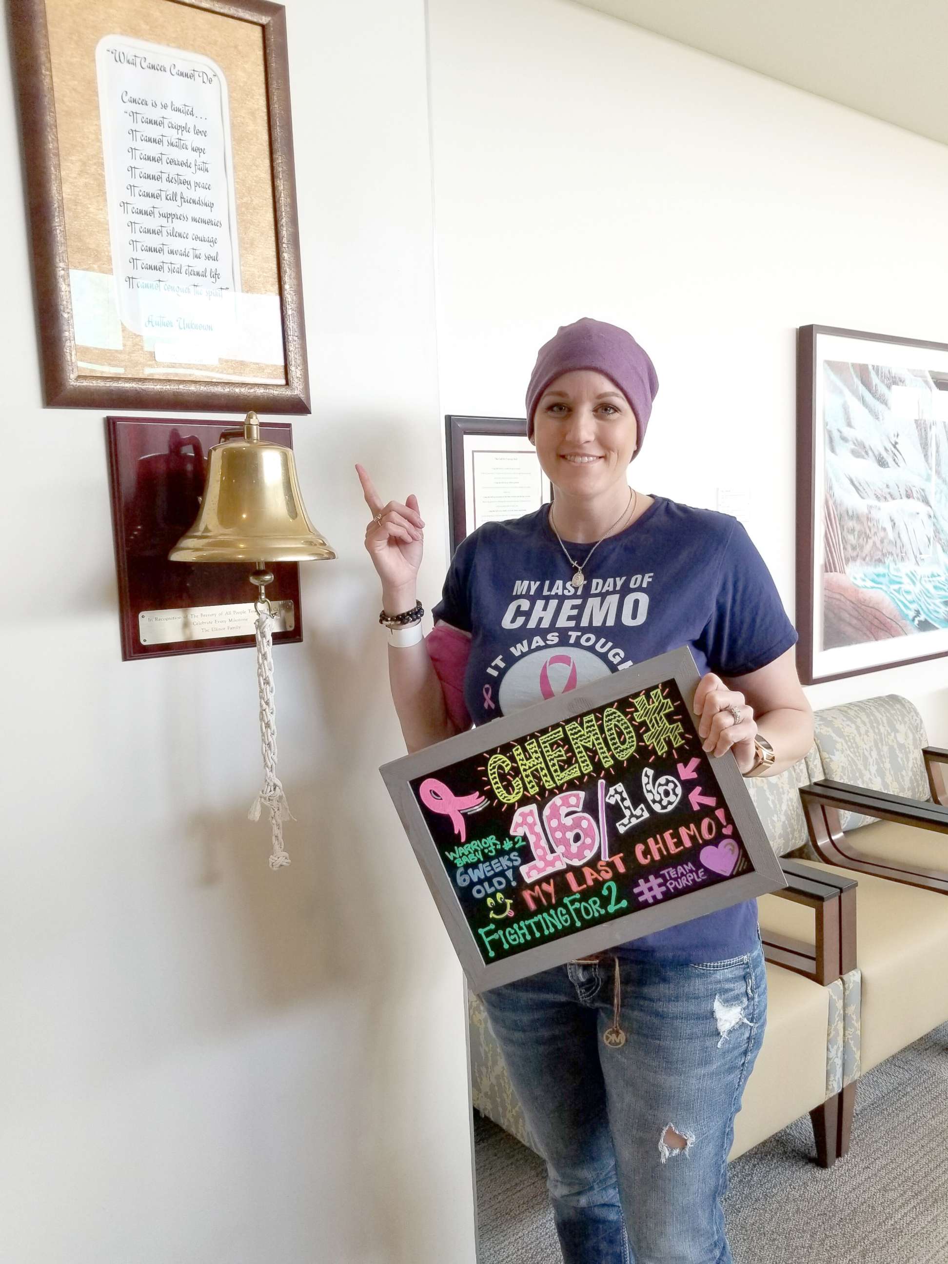 PHOTO: Jessica Purcell, 36, rings the bell on her last day of chemotherapy treatment at Moffitt Cancer Center in Tampa, Florida.