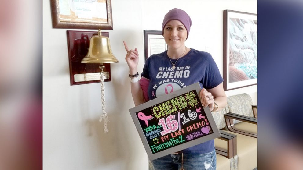 PHOTO: Jessica Purcell, 36, rings the bell on her last day of chemotherapy treatment at Moffitt Cancer Center in Tampa, Florida.