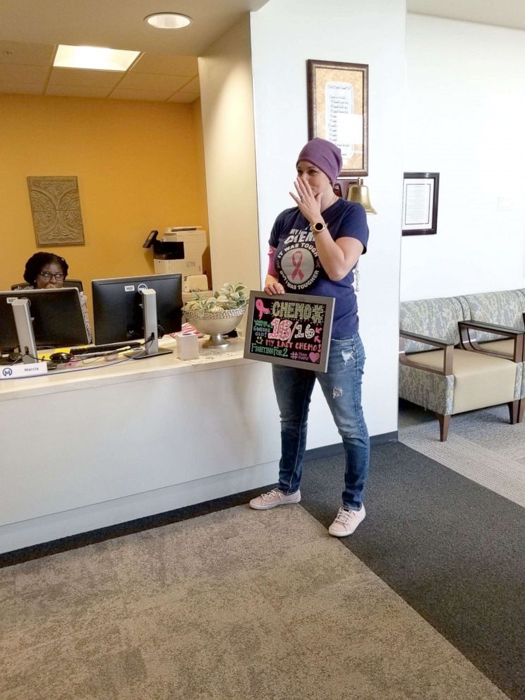 PHOTO: Jessica Purcell, 36, rings the bell on her last day of chemotherapy treatment at Moffitt Cancer Center in Tampa, Florida.