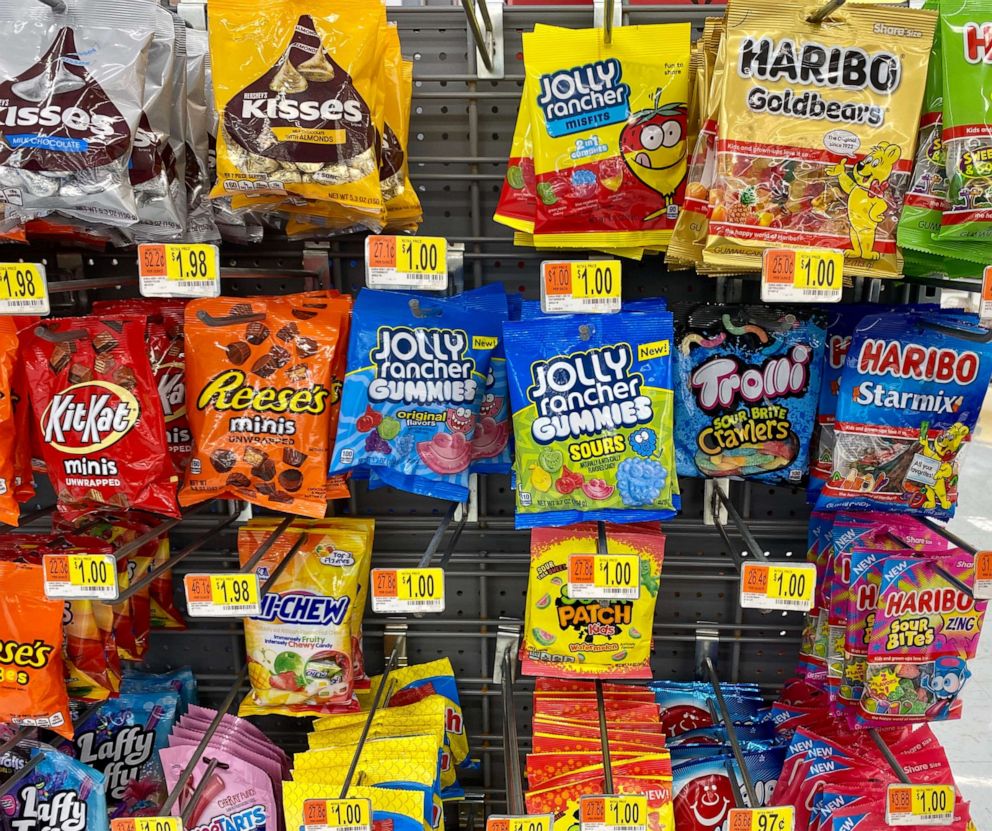 PHOTO: Candy bags are displayed along the checkout registers of a Walmart in San Jose, Calif., Aug. 19, 2020.