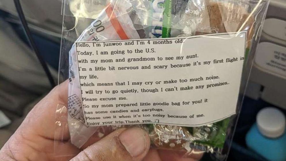 PHOTO: Dave Corona was on a flight from Seoul to San Francisco when a mother flying with her baby handed out 200 goody bags to fellow passengers.