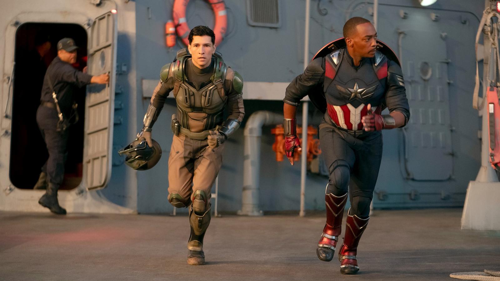 PHOTO: The Falcon/Joaquin Torres, played by Danny Ramirez, and Captain America/Sam Wilson, played by Anthony Mackie, in Marvel Studios' "Captain America: Brave New World."