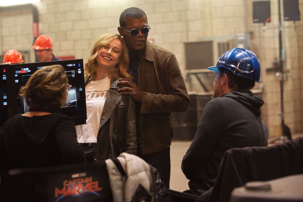 PHOTO: From left, director Anna Boden, Brie Larson, Samuel L. Jackson, and director Ryan Fleck on the set of the film "Captain Marvel."