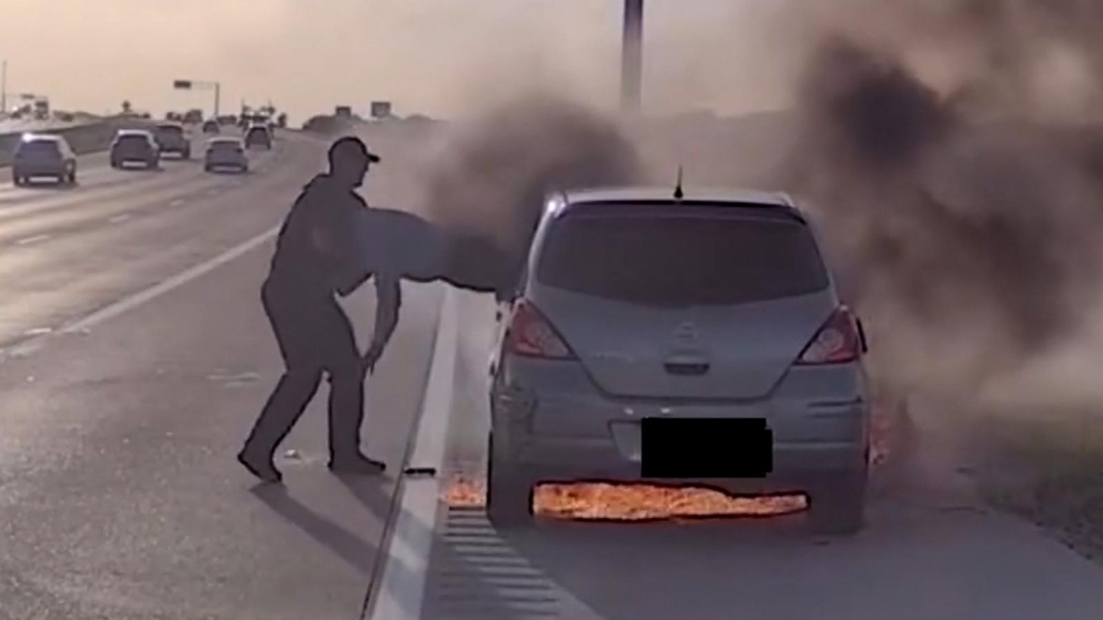 PHOTO: Southlake Police Department Corporal Joshua Swisher rescued a driver from a burning car along Texas State Highway 114 on June 7, 2026.