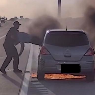 PHOTO: Southlake Police Department Corporal Joshua Swisher rescued a driver from a burning car along Texas State Highway 114 on June 7, 2026.
