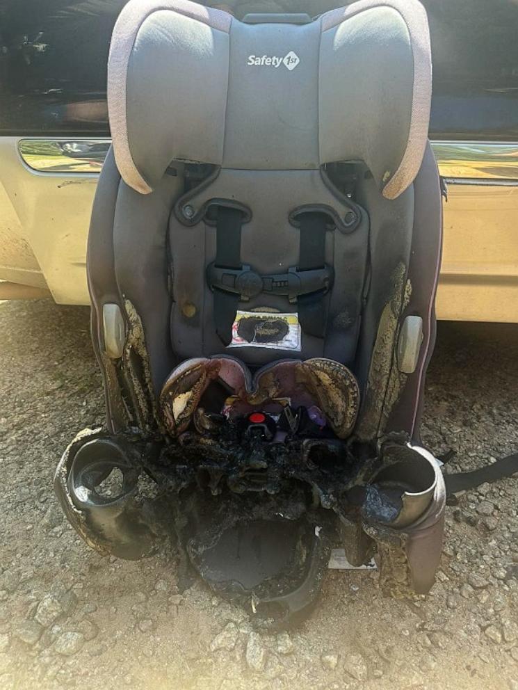 PHOTO: The George Hildebran Fire & Rescue Department in North Carolina shared photos on Facebook of a child's car seat that caught fire due to a battery inside a children's book.