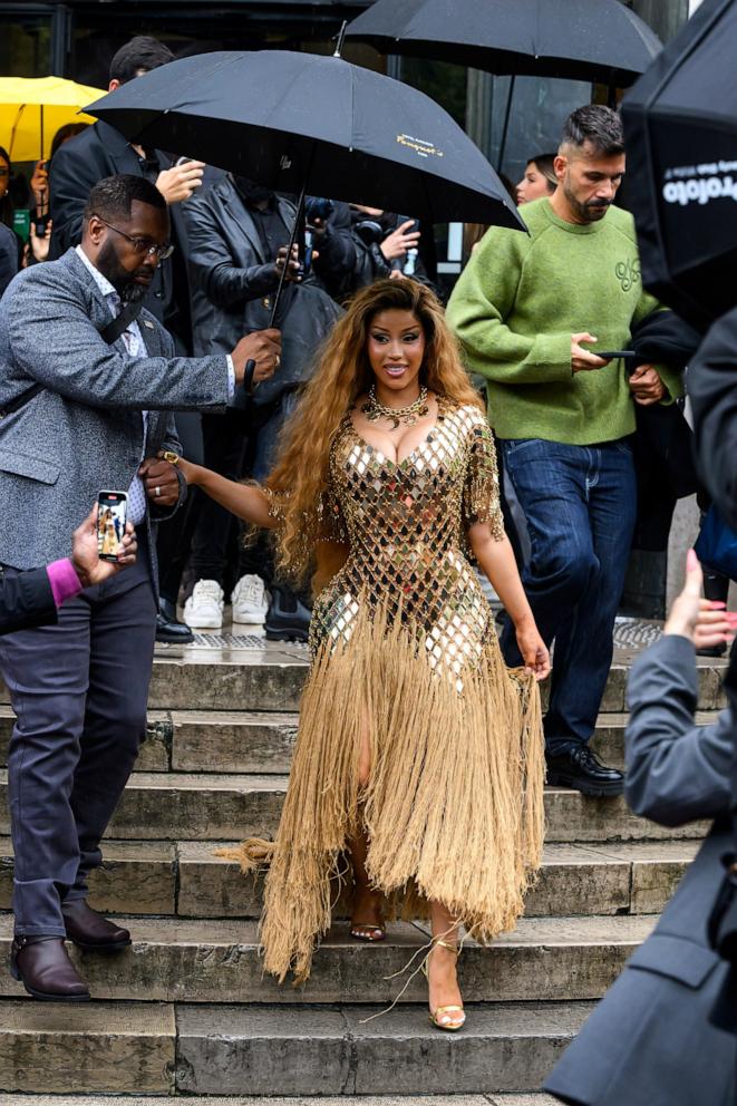 PHOTO: Cardi B wears a Rabanne dress and necklace with Tom Ford shoes outside the Rabanne show during Womenswear Spring/Summer 2025 as part of Paris Fashion Week, Sept. 25, 2024, in Paris.