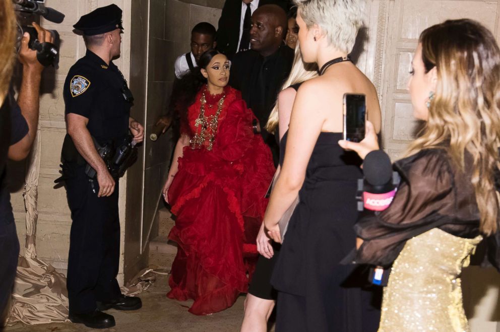 PHOTO: Cardi B, with a swollen bump on her forehead, leaves after an altercation at the Harper's BAZAAR "ICONS by Carine Roitfeld" party at The Plaza on Sept. 7, 2018 in New York.
