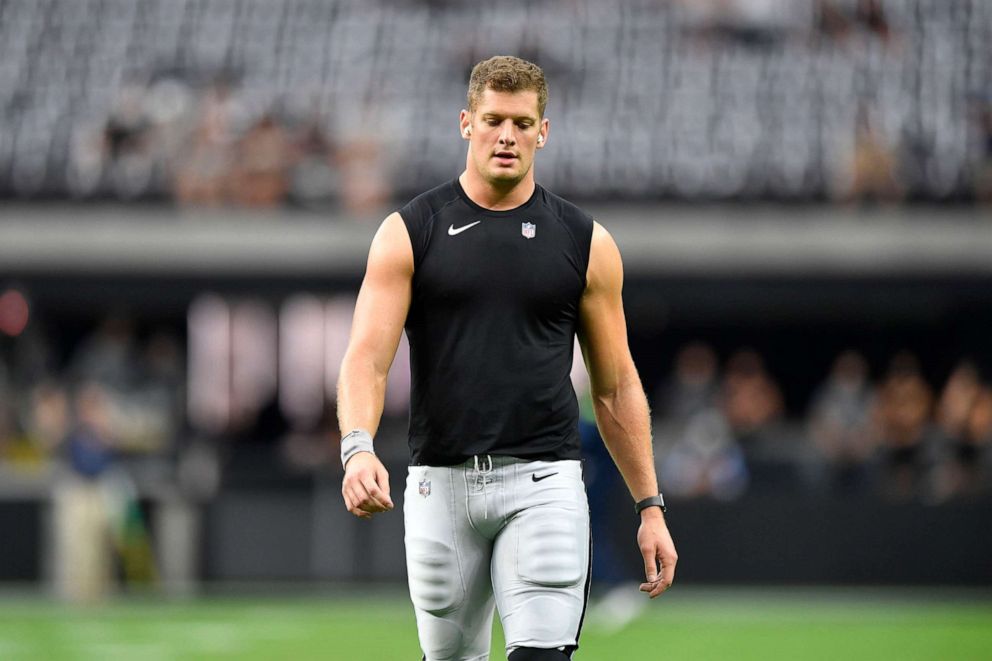 PHOTO: In this Aug. 14, 2021, file photo, defensive end Carl Nassib of the Las Vegas Raiders warms up before a preseason game against the Seattle Seahawks at Allegiant Stadium in Las Vegas.