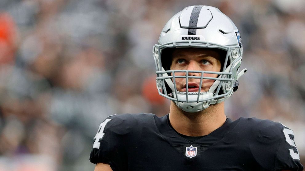 PHOTO: In this Oct. 10, 2021, file photo, defensive end Carl Nassib of the Las Vegas Raiders warms up before a game against the Chicago Bears in Las Vegas.