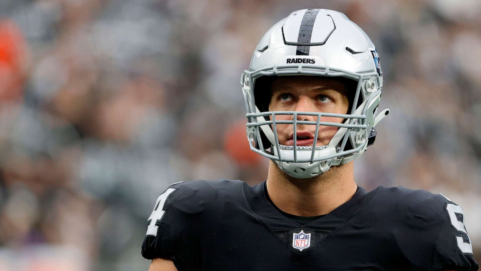 PHOTO: In this Oct. 10, 2021, file photo, defensive end Carl Nassib of the Las Vegas Raiders warms up before a game against the Chicago Bears in Las Vegas.