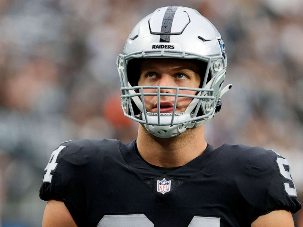 PHOTO: In this Oct. 10, 2021, file photo, defensive end Carl Nassib of the Las Vegas Raiders warms up before a game against the Chicago Bears in Las Vegas.