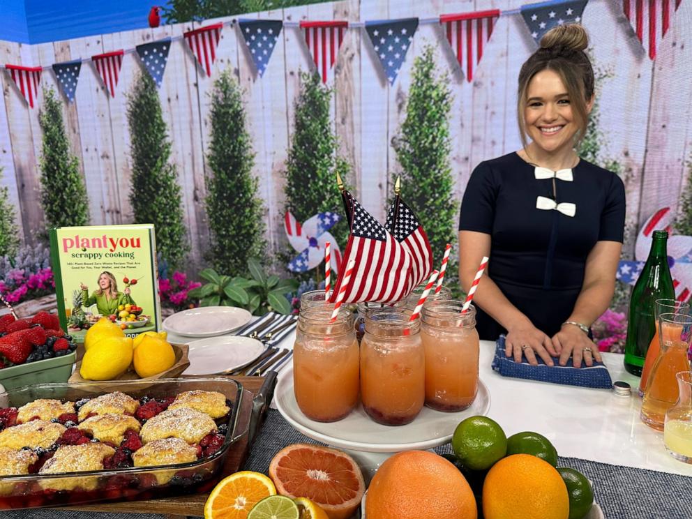 PHOTO: Carleigh Bodrug with three dishes from her cookbook, "PlantYou: Scrappy Cooking" at "Good Morning America" on July 4.