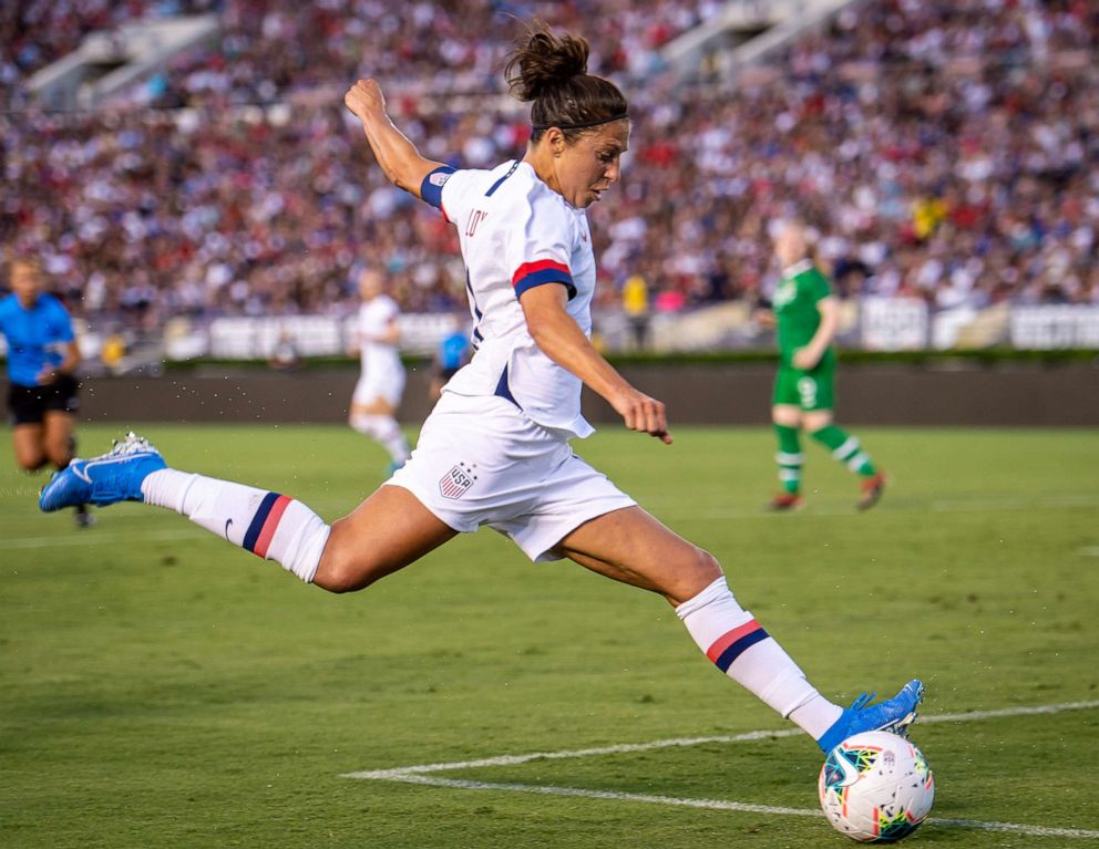 PHOTO: Carli Lloyd takes a shot during the United States International Friendly match against Ireland at the Rose Bowl on August 3, 2019, in Pasadena, Calif.