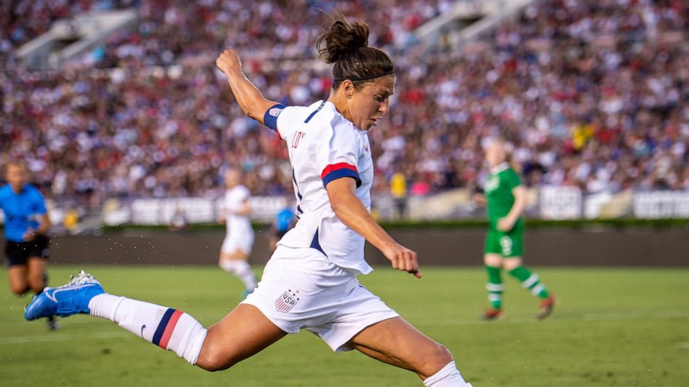 PHOTO: Carli Lloyd takes a shot during the United States International Friendly match against Ireland at the Rose Bowl on August 3, 2019, in Pasadena, Calif.