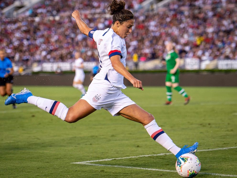 PHOTO: Carli Lloyd takes a shot during the United States International Friendly match against Ireland at the Rose Bowl on August 3, 2019, in Pasadena, Calif.