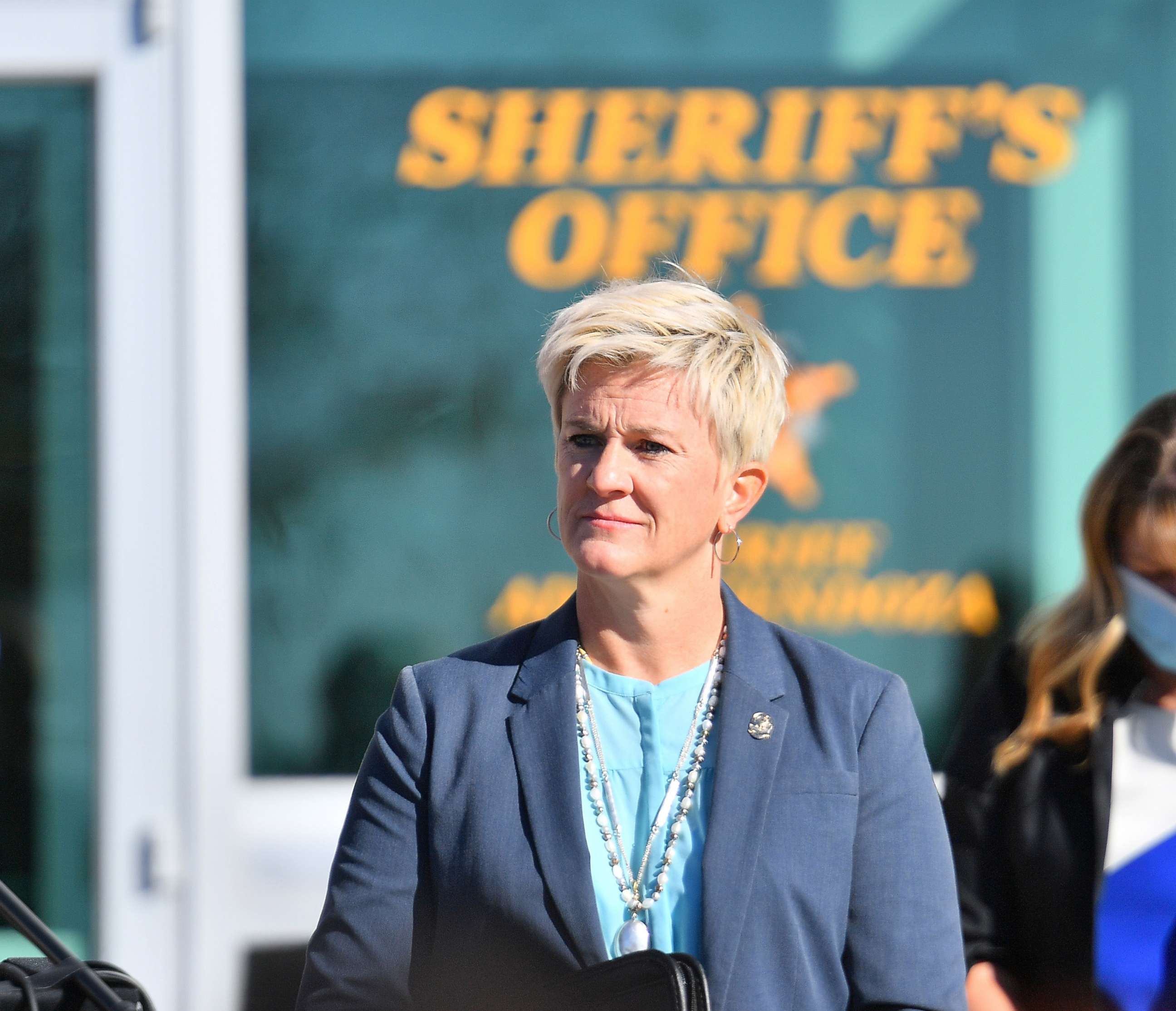 PHOTO: First Judicial District Attorney Mary Carmack-Altwies during a press conference at the Santa Fe County Public Safety Building on Oct. 27, 2021 in Santa Fe, New Mexico.