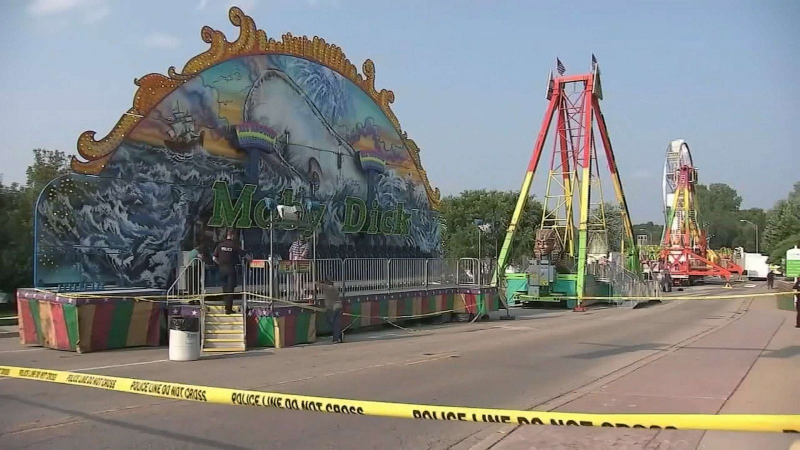 PHOTO: Police close off the area around a carnival ride in Antioch, Ill., where a boy was thrown and seriously injured on July 16, 2023.