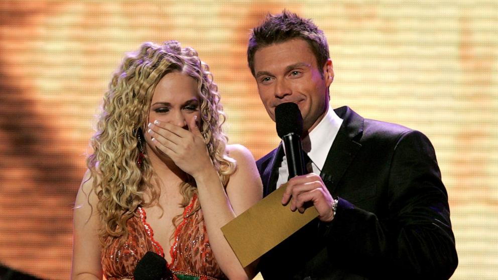 PHOTO: In this May 25, 2000 file photo, Carrie Underwood is named the new American Idol by host Ryan Seacrest during the American Idol Finale: Results Show held at the Kodak Theatre in Hollywood, Calif. 