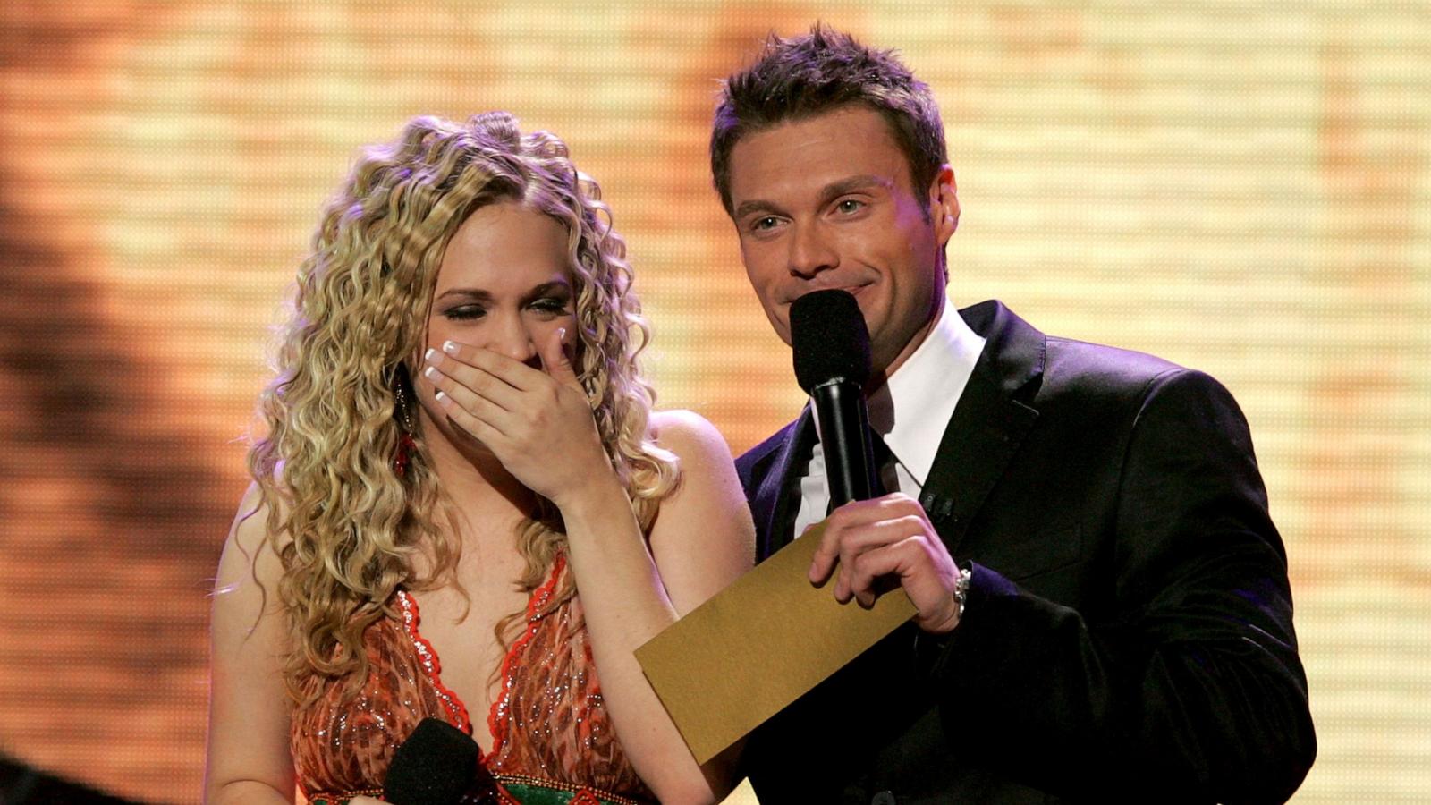 PHOTO: In this May 25, 2000 file photo, Carrie Underwood is named the new American Idol by host Ryan Seacrest during the American Idol Finale: Results Show held at the Kodak Theatre in Hollywood, Calif.