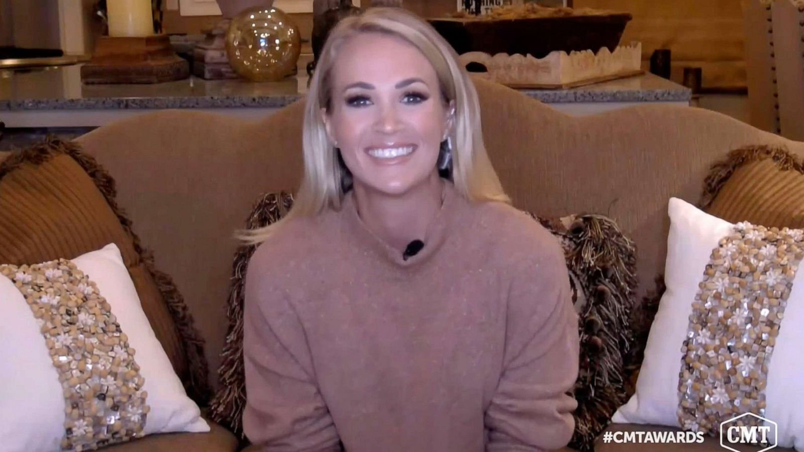 PHOTO: In this video image provided by CMT, Carrie Underwood accepts the video of the year award for "Drinking Alone"during the Country Music Television awards airing on Oct. 21, 2020.