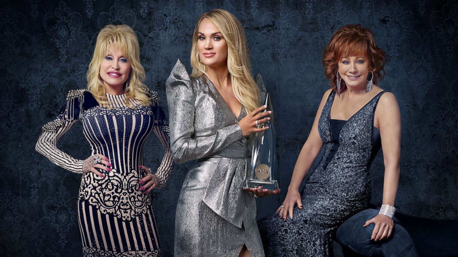 PHOTO: Carrie Underwood hosts "The 53rd Annual CMA Awards" with special guest hosts Reba McEntire and Dolly Parton, celebrating legendary women in Country Music throughout the ceremony on Nov. 13, 2019.