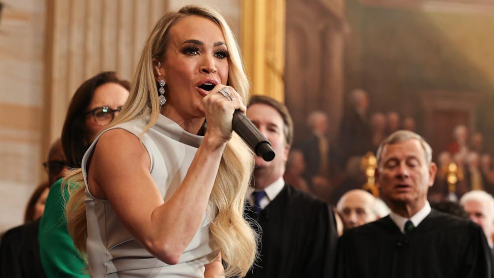 PHOTO: Country music artist Carrie Underwood performs during inauguration ceremonies in the Rotunda of the U.S. Capitol on January 20, 2025 in Washington, DC.