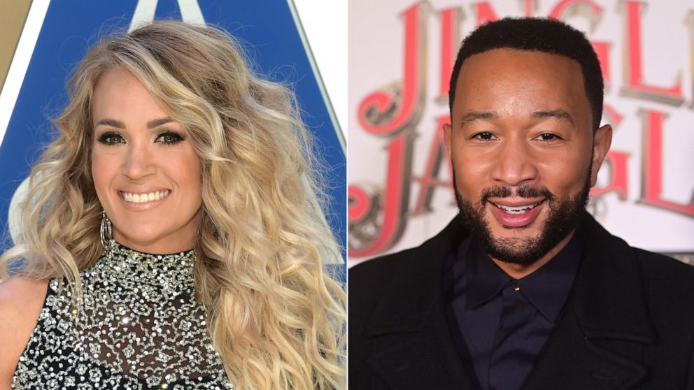 PHOTO: Carrie Underwood attends the 54th annual CMA Awards at the Music City Center on Nov. 11, 2020, in Nashville. | John Legend attends Netflix's "Jingle Jangle: A Christmas Journey" drive-in premiere on Nov. 13, 2020, in Los Angeles.