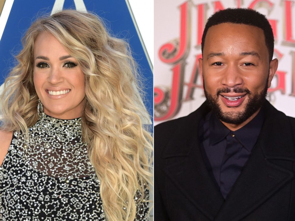 PHOTO: Carrie Underwood attends the 54th annual CMA Awards at the Music City Center on Nov. 11, 2020, in Nashville. | John Legend attends Netflix's "Jingle Jangle: A Christmas Journey" drive-in premiere on Nov. 13, 2020, in Los Angeles.