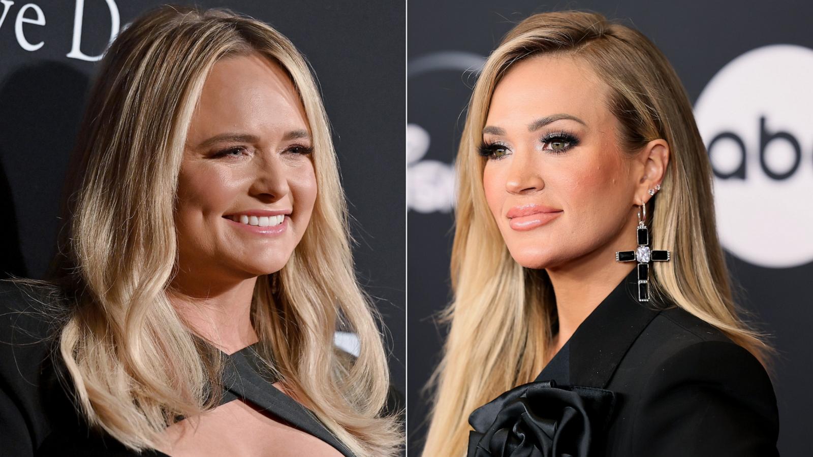 PHOTO: Miranda Lambert at the Pre-GRAMMY Gala & GRAMMY Salute to Industry Icons at The Beverly Hilton on Feb. 04, 2023 in Calif; and Carrie Underwood at the 38th Annual Rock & Roll Hall Of Fame Induction Ceremony on Nov. 03, 2023 in New York City.