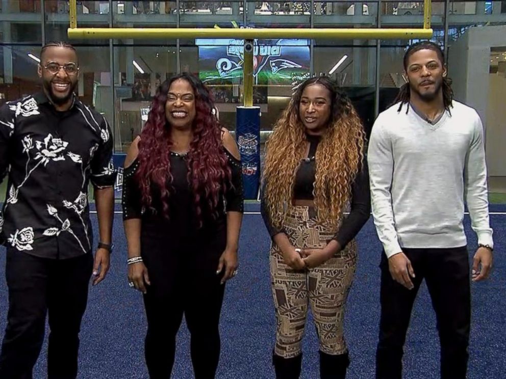 PHOTO: Carmen Carter, second from left, speaks out with her children and nephew about their Super Bowl halftime performance.