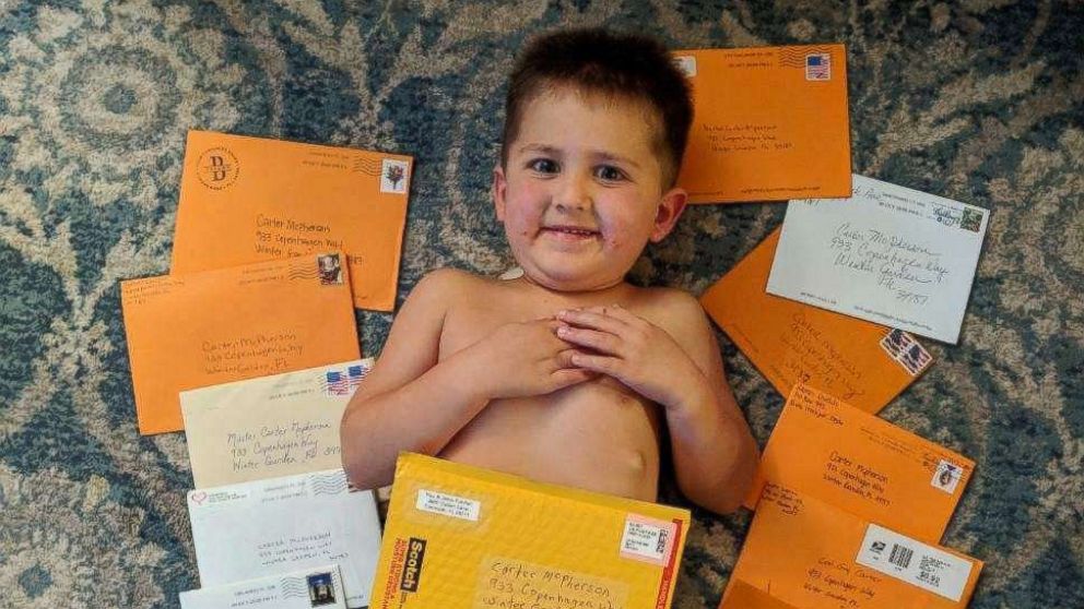 PHOTO: Cancer patient Carter McPherson, 4, is receiving letters from strangers after his mother posted a request for Halloween "cheer cards" for her son on the Nextdoor website.