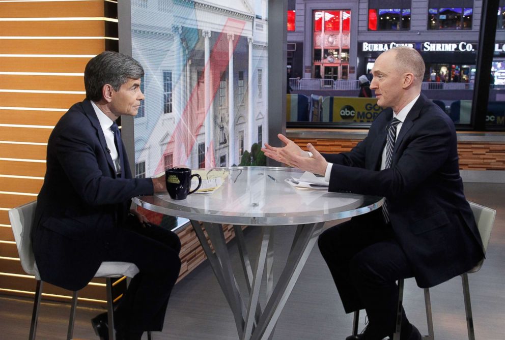 PHOTO: Former Trump campaign worker Carter Page talks to George Stephanopoulos on the set of ABC News' "Good Morning America," Feb. 6, 2018.