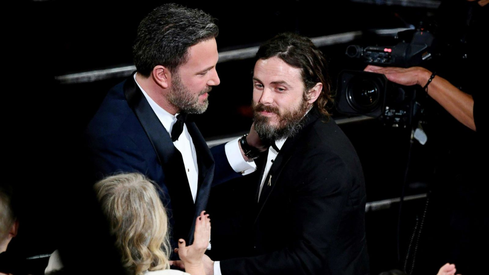 PHOTO: Winner for Best Actor "Manchester By The Sea" Casey Affleck is embraced by his brother Ben Affleck on stage at the 89th Oscars on Feb. 26, 2017 in Hollywood, Calif.