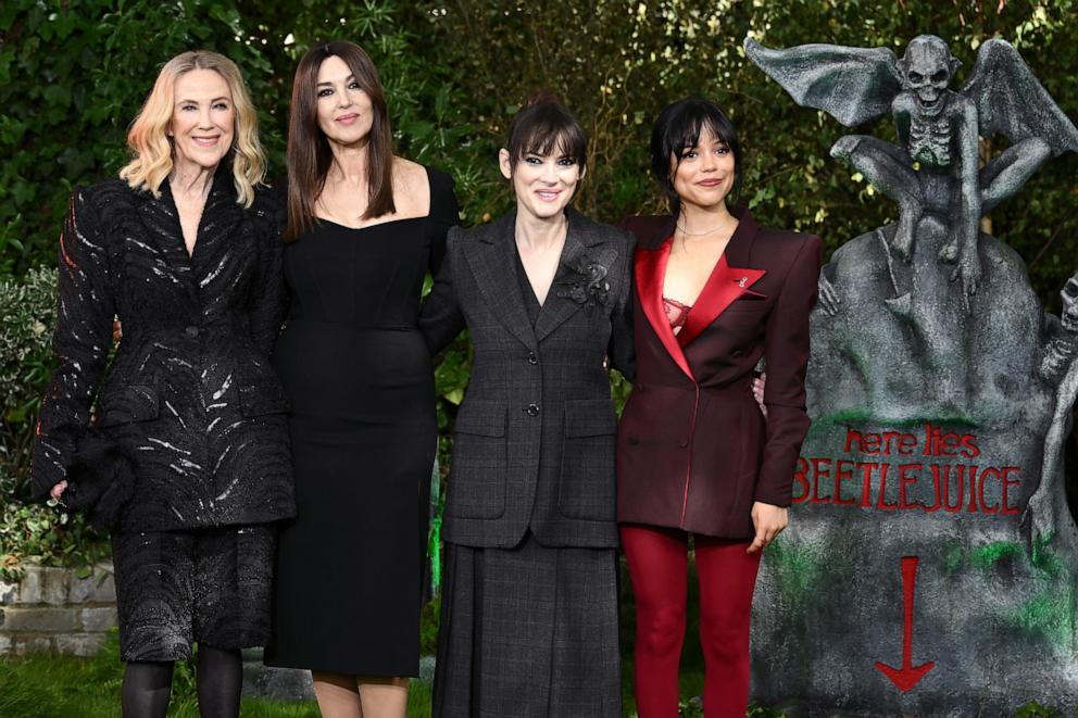 PHOTO: Catherine O'Hara, Monica Bellucci, Winona Ryder and Jenna Ortega attend the photocall for "Beetlejuice Beetlejuice" at One Marylebone on Aug. 30, 2024 in London.