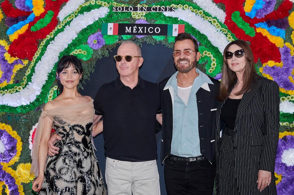 PHOTO: (L-R) Jenna Ortega, Michael Keaton, Justin Theroux, Mónica Bellucci pose during the photocall for the movie 'Beetlejuice Beetlejuice' at Four Seasons Hotel on Aug. 13, 2024 in Mexico City.