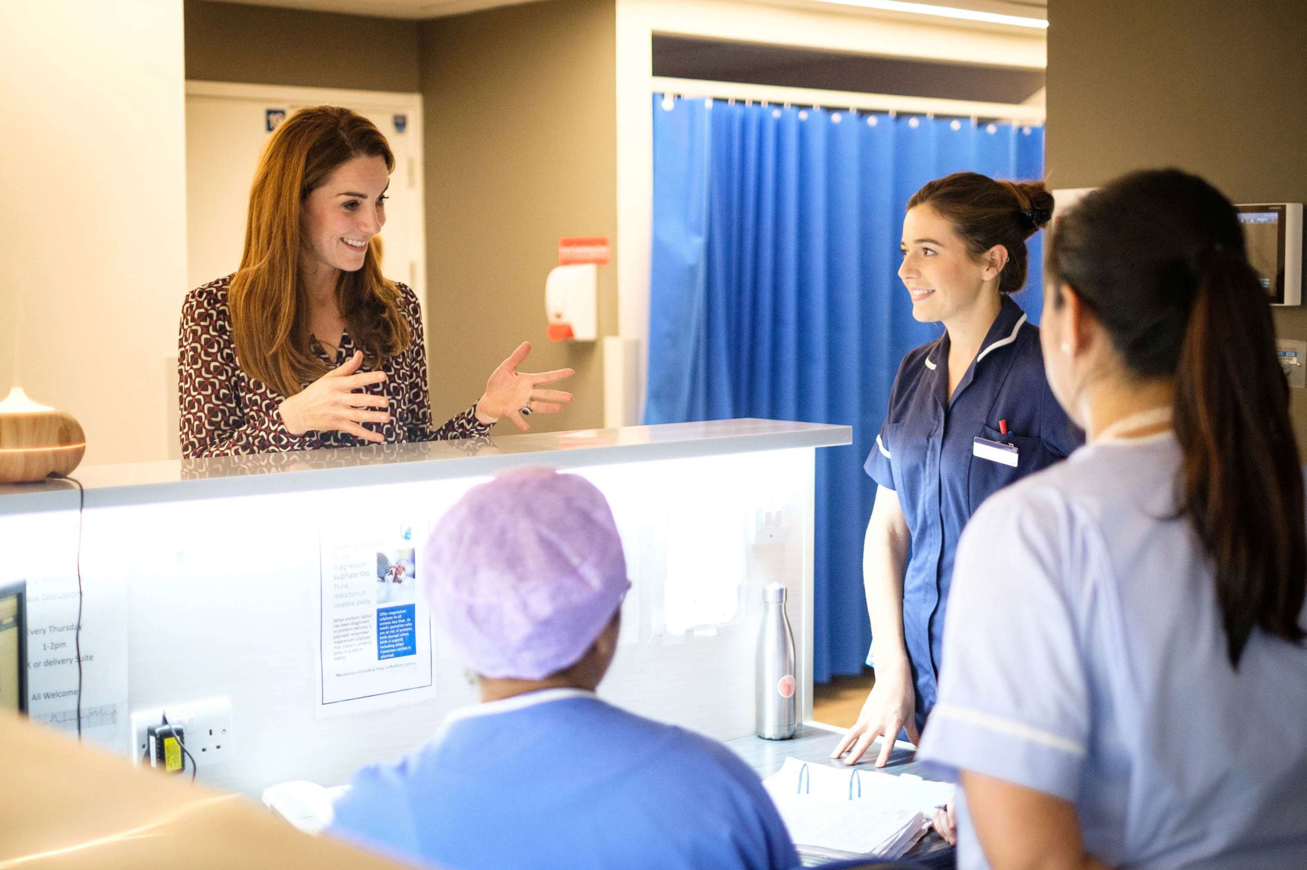 PHOTO: Britain's Catherine, Duchess of Cambridge, speaks to staff at Kingston Hospital Maternity Unit, in Kingston Upon Thames, Greater London, Britain in this handout taken sometime November, 2019 and released Dec. 27, 2019.