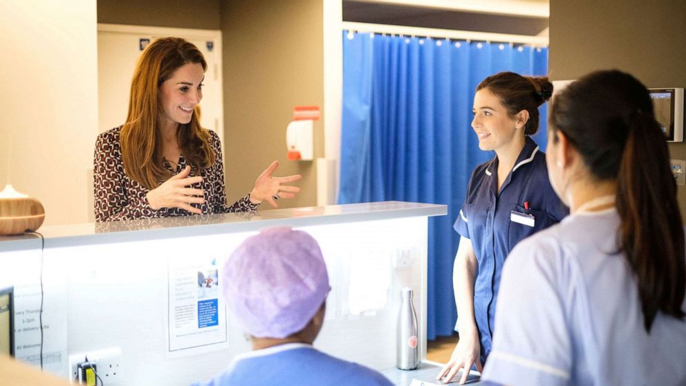 PHOTO: Britain's Catherine, Duchess of Cambridge, speaks to staff at Kingston Hospital Maternity Unit, in Kingston Upon Thames, Greater London, Britain in this handout taken sometime November, 2019 and released Dec. 27, 2019.