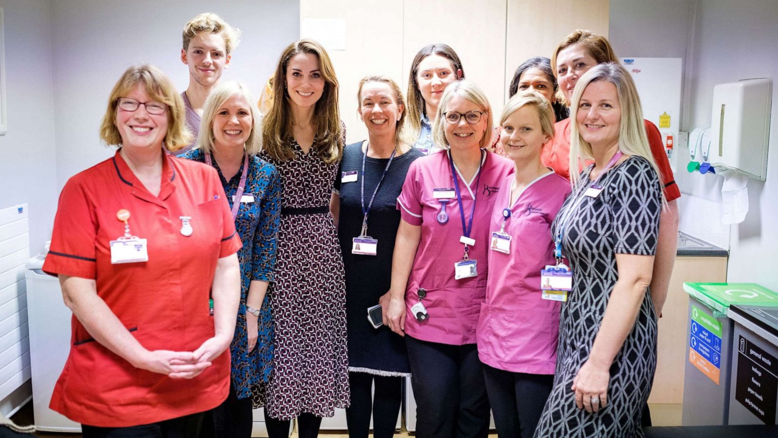 PHOTO: Britain's Catherine, Duchess of Cambridge, poses with staff at Kingston Hospital Maternity Unit, in Kingston Upon Thames, Greater London, Britain in this handout taken sometime November, 2019 and released Dec. 27, 2019.