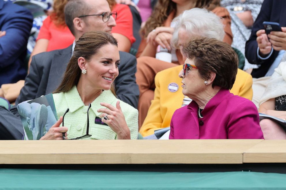 PHOTO: Catherine, Princess of Wales, speaks with Billie Jean King in the Royal Box at the Ladies Singles Final on day thirteen of the Wimbledon Tennis Championships in London, July 15, 2023.