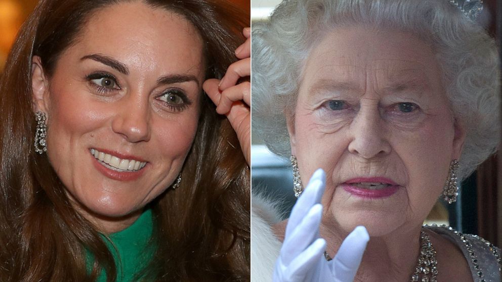 PHOTO: Catherine, Duchess of Cambridge attends a reception for NATO leaders at Buckingham Palace on Dec. 3, 2019, in London. | Britain's Queen Elizabeth II arrives for the State Opening of Parliament at the Palace of Westminster, May 9, 2012, in London.