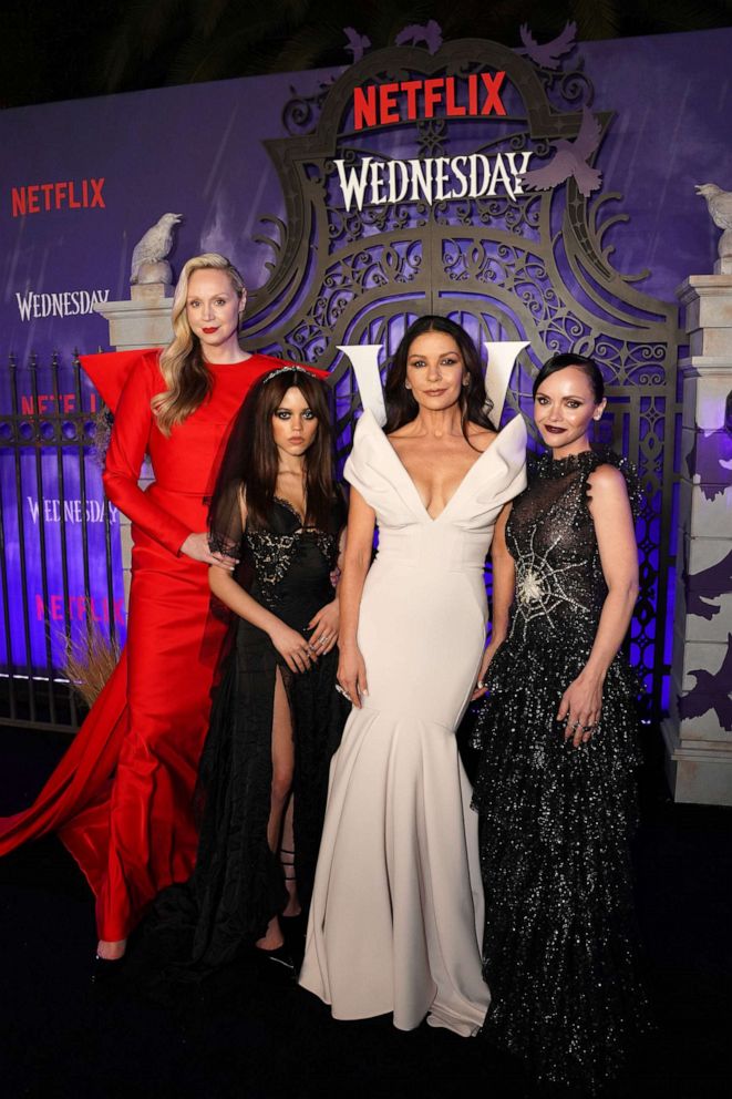 PHOTO: (L-R) Gwendoline Christie, Jenna Ortega, Catherine Zeta-Jones, and Christina Ricci attend the world premiere of Netflix's "Wednesday" Nov. 16, 2022 in Los Angeles, California.