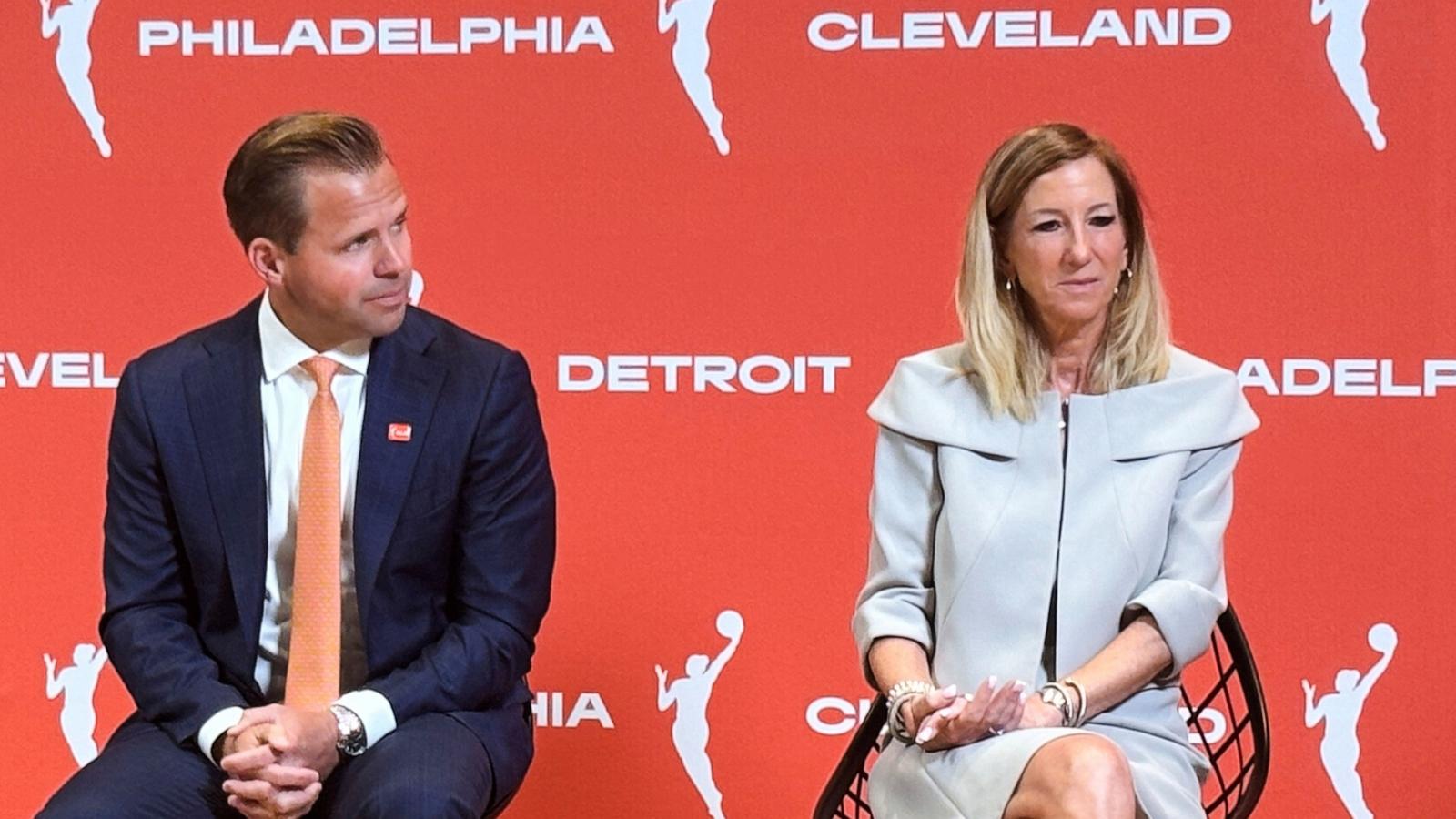 PHOTO: Nic Barlage, representing the Cleveland Cavaliers, and WNBA commissioner Cathy Engelbert listen during a news conference, June 30, 2025, in New York, announcing WNBA basketball expansion teams in Philadelphia, Detroit and Cleveland.