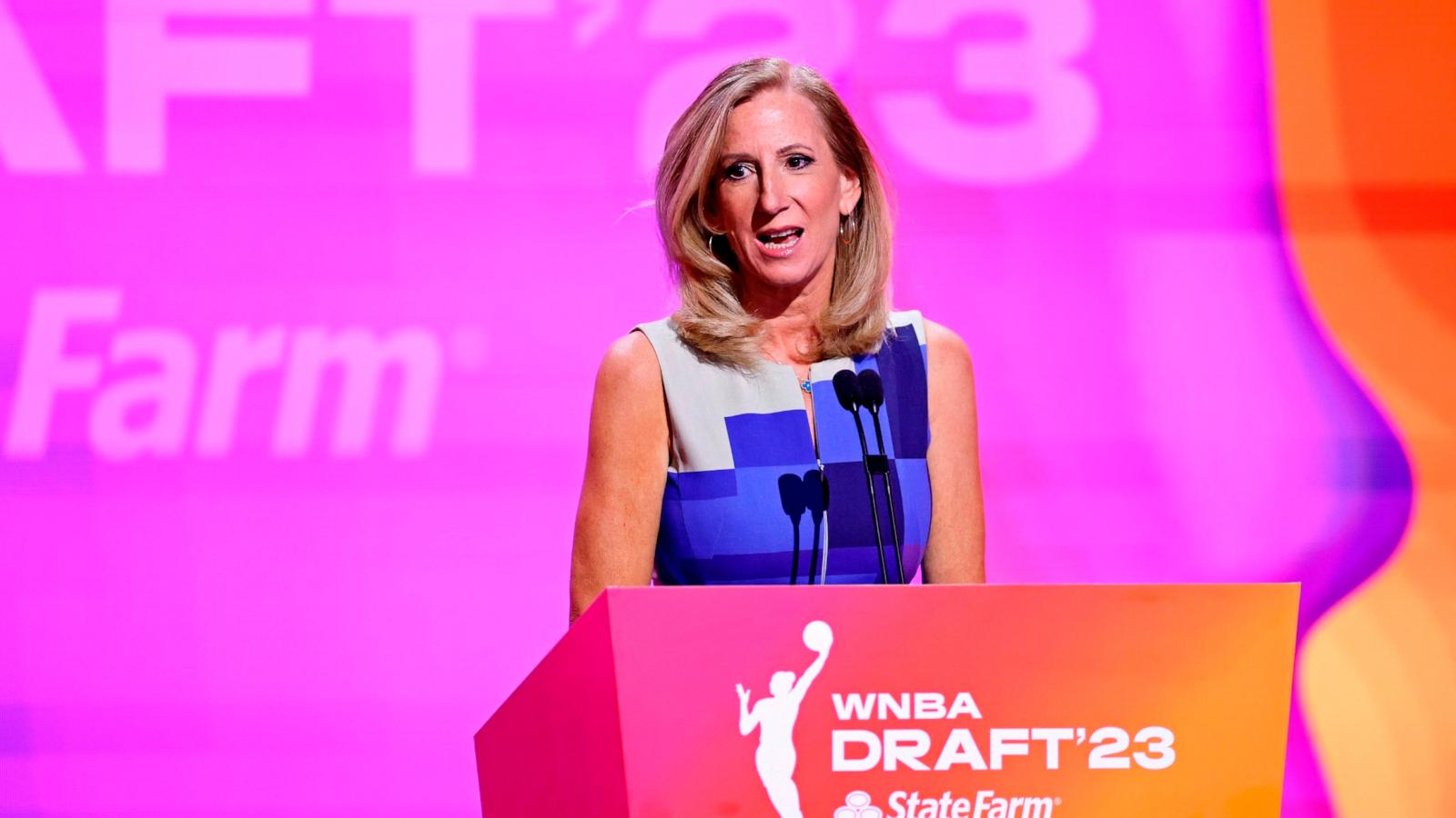 PHOTO: Commissioner Cathy Engelbert speaks at the WNBA basketball draft, April 10, 2023, in New York.