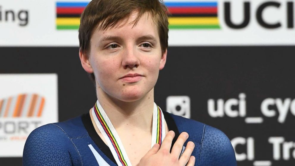 PHOTO: Bronze medalist Kelly Catlin  poses on the podium after taking part in the women's individual pursuit final during the UCI Track Cycling World Championships in Apeldoorn, Netherlands, March 3, 2018. 